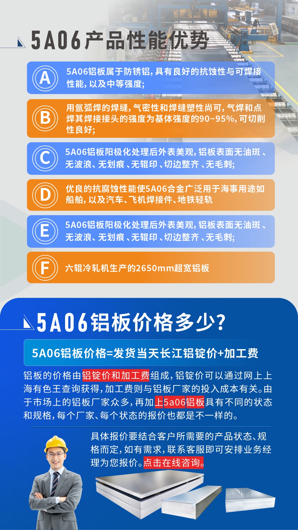產(chǎn)品性能優(yōu)勢   

1、5A06鋁板屬于防銹鋁，具有良好的抗蝕性與可焊接性能，以及中等強度;

2、用氬弧焊的焊縫，氣密性和焊縫塑性尚可，氣焊和點焊其焊接接頭的強度為基體強度的90~95%，可切削性良好;

3、5A06鋁板陽極化處理后外表美觀，鋁板表面無油斑 、無波浪、 無劃痕 、無輥印 、切邊整齊 、無毛刺;

4、優(yōu)良的抗腐蝕性能使5A06合金廣泛用于海事用途如船舶，以及汽車、飛機焊接件、地鐵輕軌;

5、六輥冷軋機生產(chǎn)的2650mm超寬鋁板;