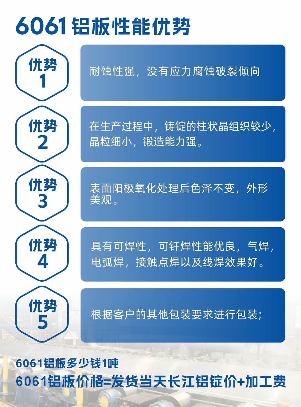 明泰鋁業6061鋁板性能優勢

　　1、耐蝕性強，沒有應力腐蝕破裂傾向。

　　2、在生產過程中，鑄錠的柱狀晶組織較少，晶粒細小，鍛造能力強。

　　3、表面陽極氧化處理后色澤不變，外形美觀。

4、具有可焊性，可釬焊性能優良，氣焊，電弧焊，接觸點焊以及線焊效果好。