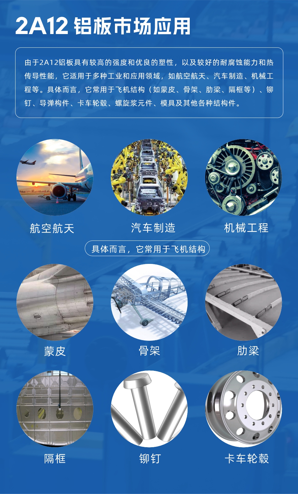 2A12鋁板產(chǎn)品用途

由于2A12鋁板具有較高的強度和優(yōu)良的塑性，以及較好的耐腐蝕能力和熱傳導性能，它適用于多種工業(yè)和應用領域，如航空航天、汽車制造、機械工程等。具體而言，它常用于飛機結(jié)構(gòu)（如蒙皮、骨架、肋梁、隔框等）、鉚釘、導彈構(gòu)件、卡車輪轂、螺旋漿元件、模具及其他各種結(jié)構(gòu)件。
